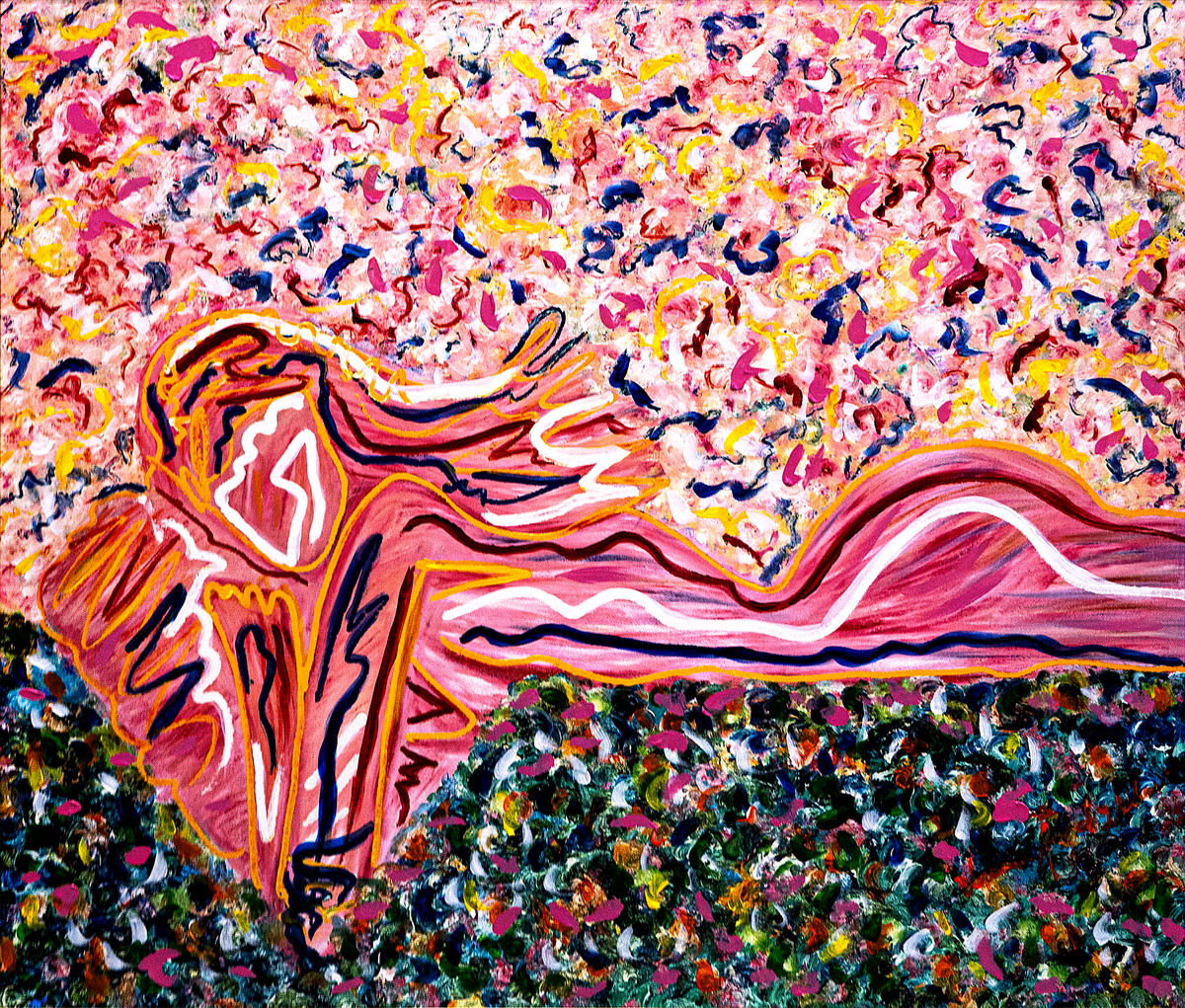 Me (laying down) — by Veronica Ruiz de Velasco: a reclining coral pink figure in orange and navy contour lines above a field of colored flecks