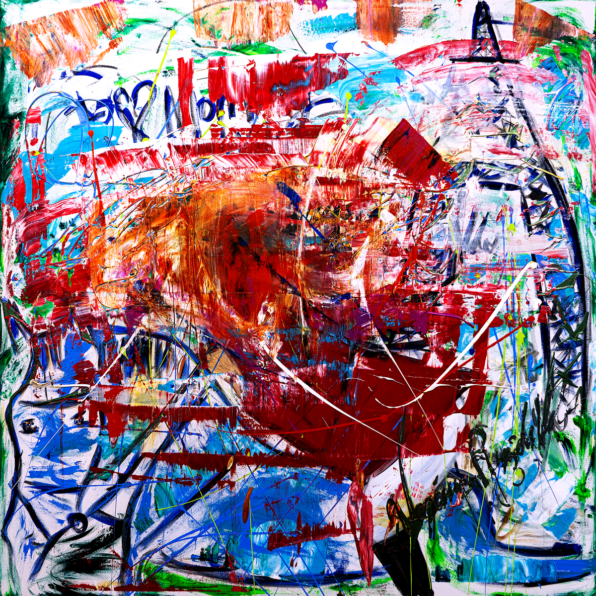 My Love Asha — by Veronica Ruiz de Velasco: cardinal red and cobalt strokes on white around an orange and gold burst with looping cursive script