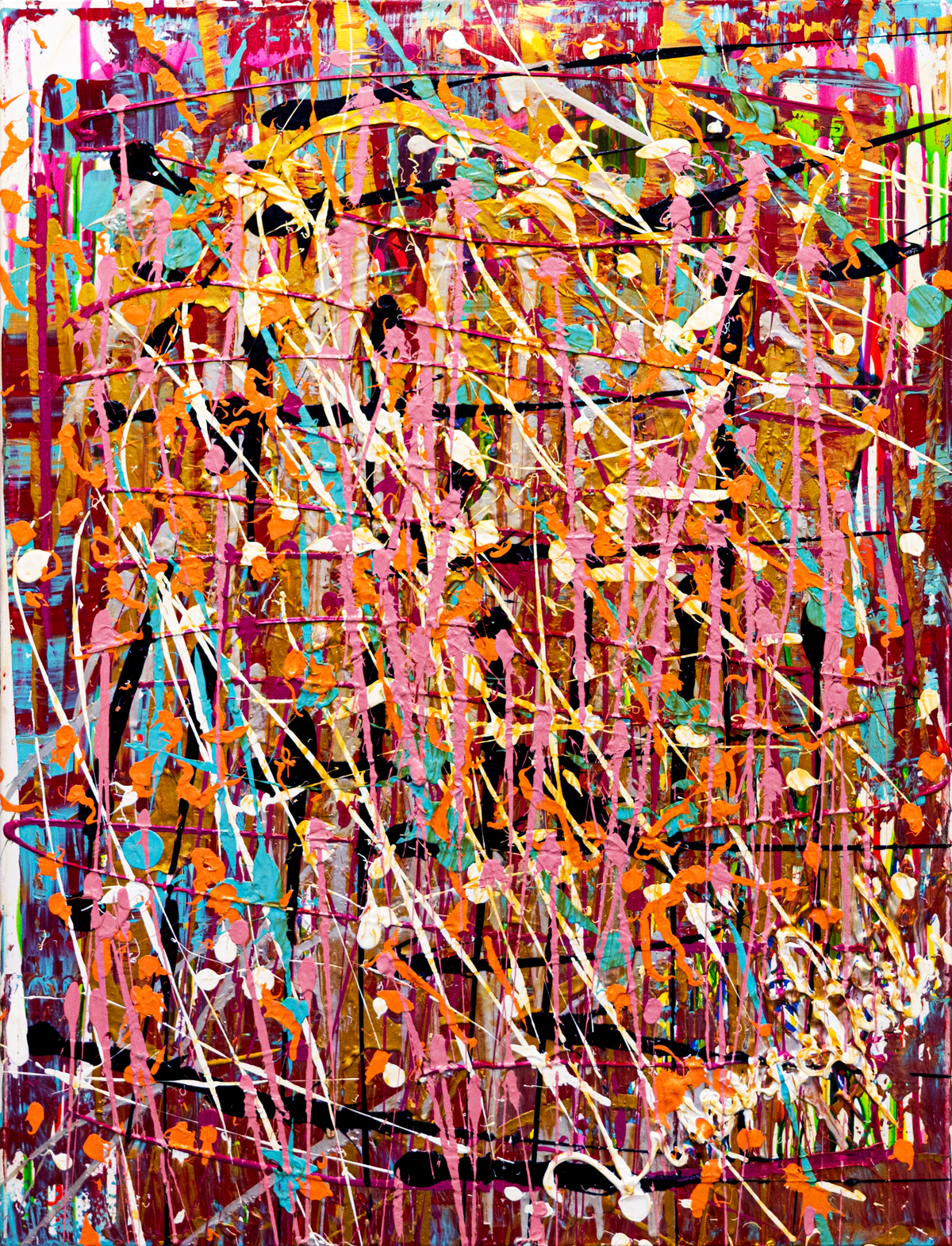 Name Color — by Veronica Ruiz de Velasco: vertical drips and spatter in dusty rose and burnt orange over amber-gold with thin black lines