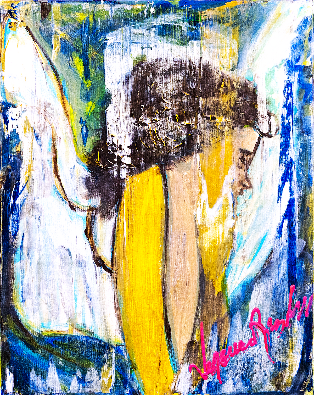 Nena — by Veronica Ruiz de Velasco: a bent profile with dark curls and a yellow dress against raked white, teal and green