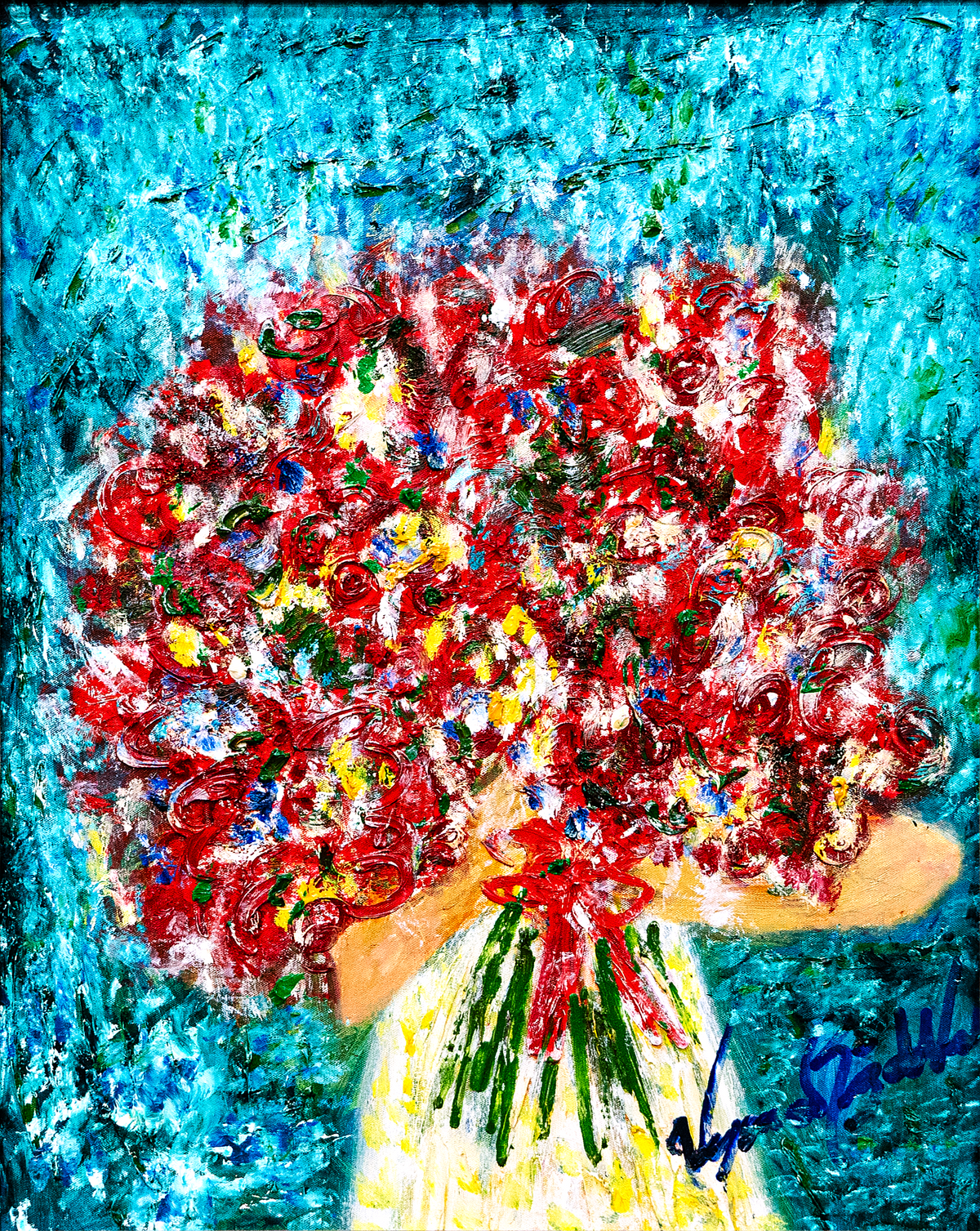 Nena Flowers — by Veronica Ruiz de Velasco: an armful of red roses in twisting strokes held against a pale dress on a turquoise ground