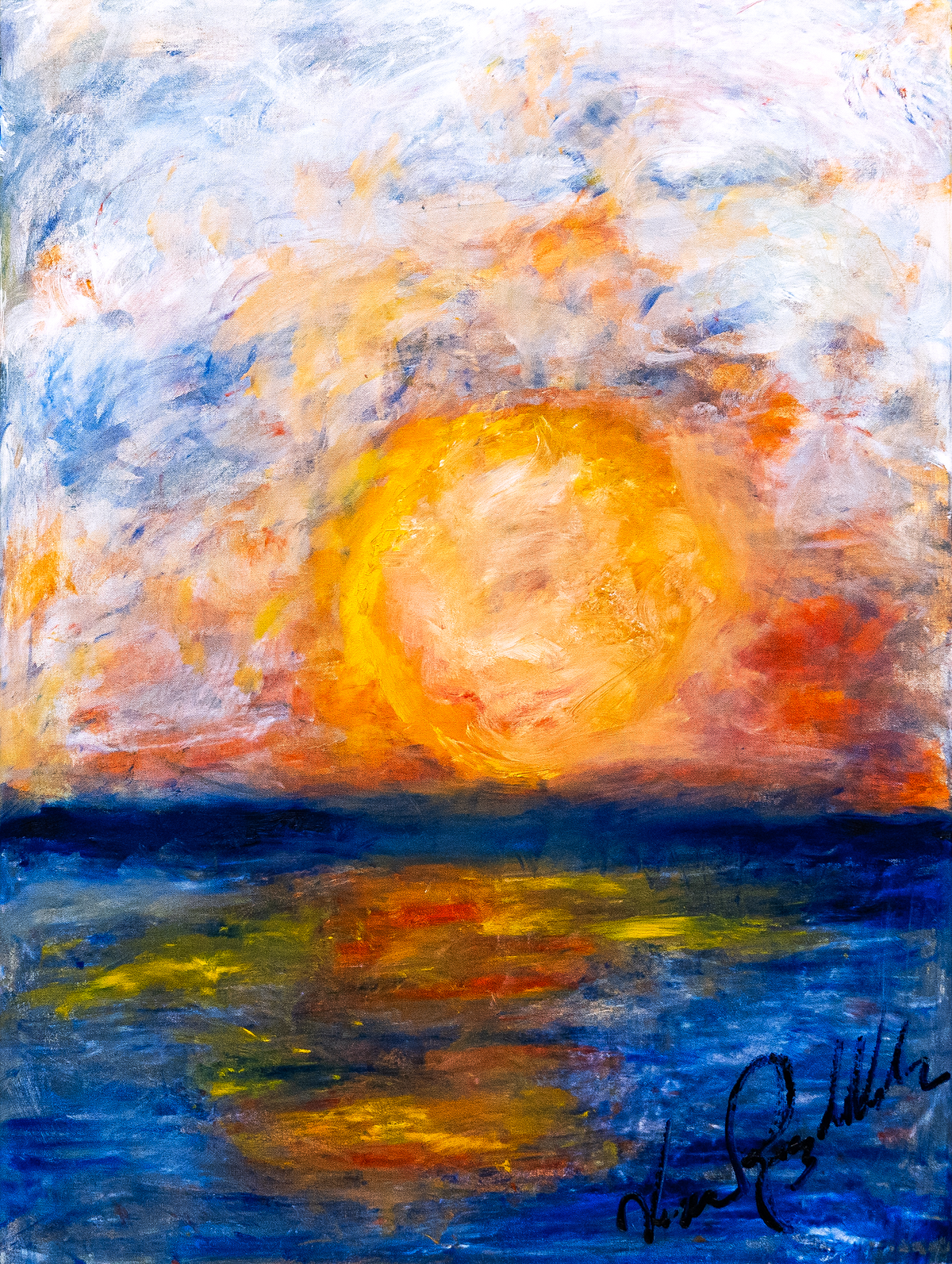 Noon — by Veronica Ruiz de Velasco: a molten orange sun low over the horizon with its fire repeated across the water