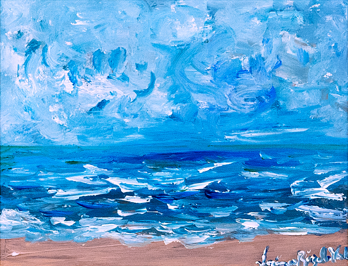 Palm Beach — by Veronica Ruiz de Velasco: billowing pale-blue clouds over a turquoise and cobalt sea with white breaking waves
