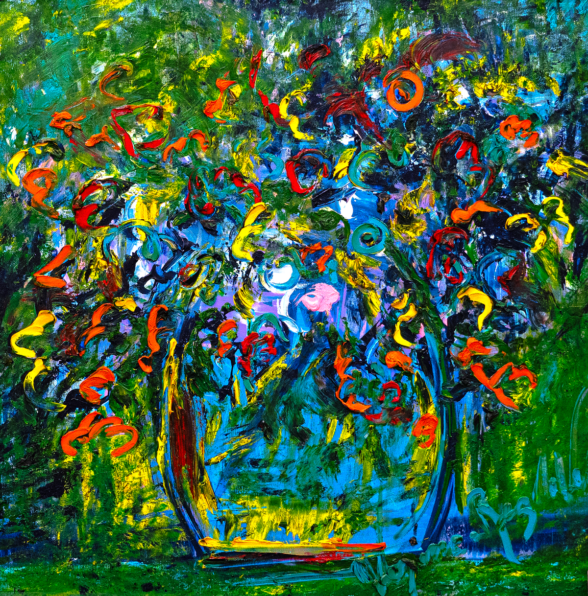 Paris Bouquet du Flowers — by Veronica Ruiz de Velasco: a vase of flowers in thick orange, red and yellow ribbons of paint against dark green and blue