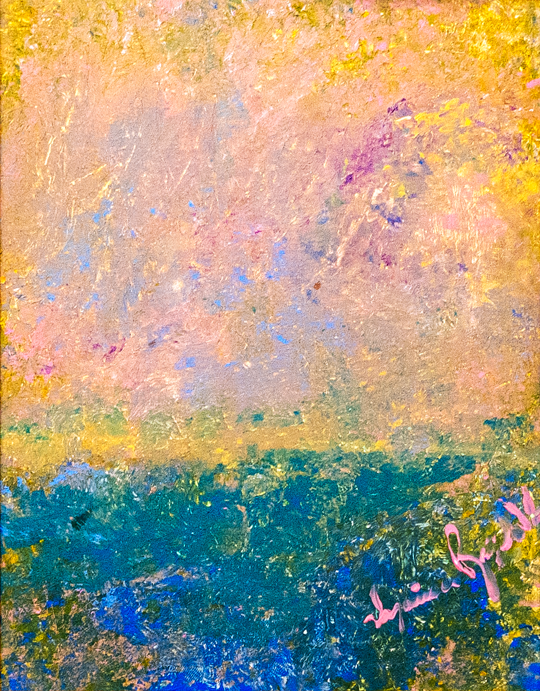 Peace — by Veronica Ruiz de Velasco: a blush pink and gold hazy sky above a palette-knifed teal sea