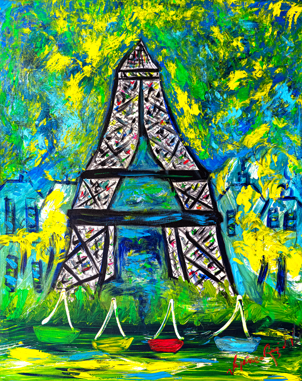 Peta in Paris — by Veronica Ruiz de Velasco: the Eiffel Tower in black lattice against a green and acid yellow sky above small boats