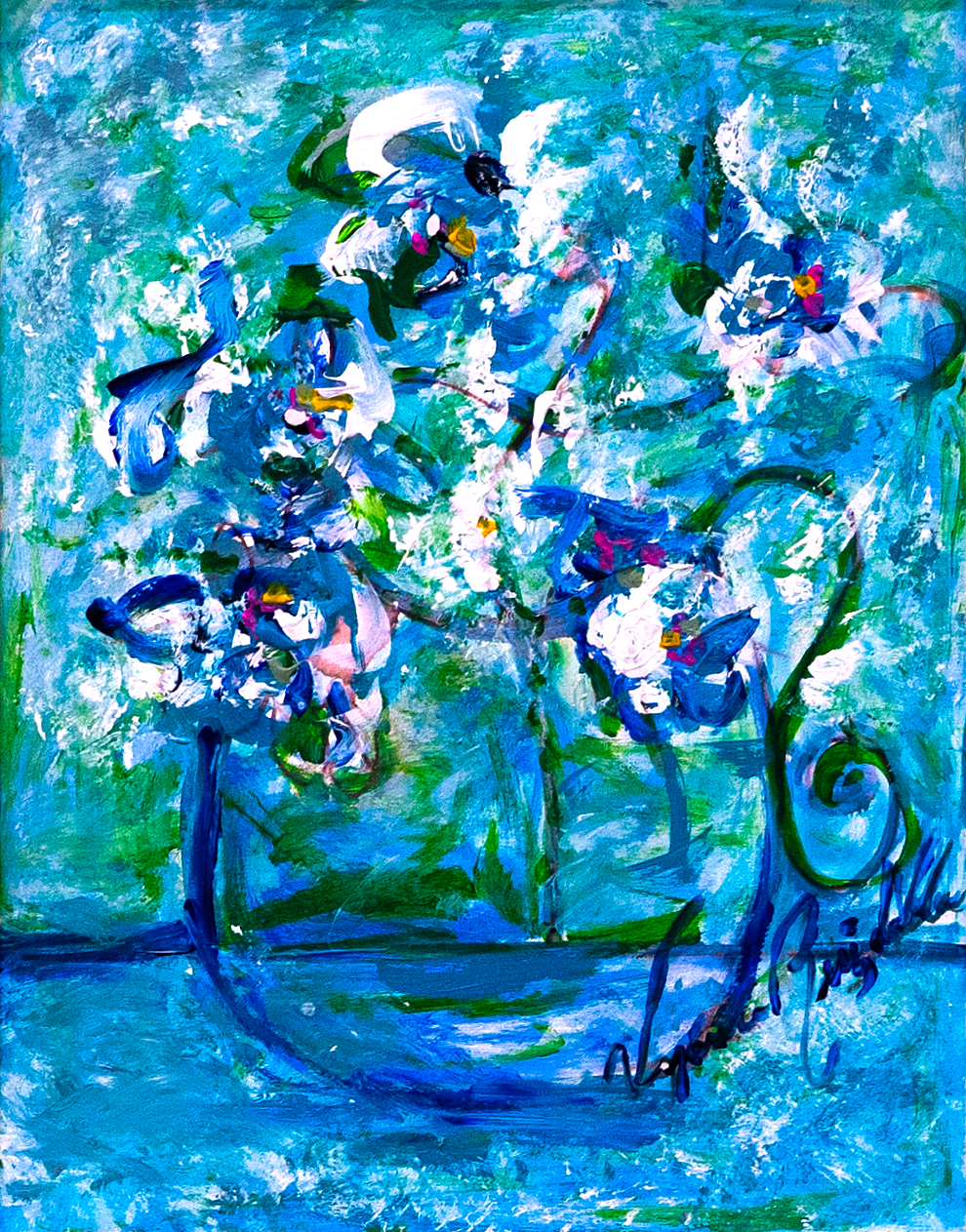 Princess Liar Flower — by Veronica Ruiz de Velasco: clusters of blue and white blossoms with green stems in a glass vase against teal and white