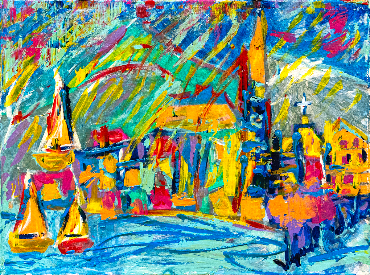 Puerto Fina — by Veronica Ruiz de Velasco: three small sailboats on a turquoise harbor in front of a row of colorful harborside buildings