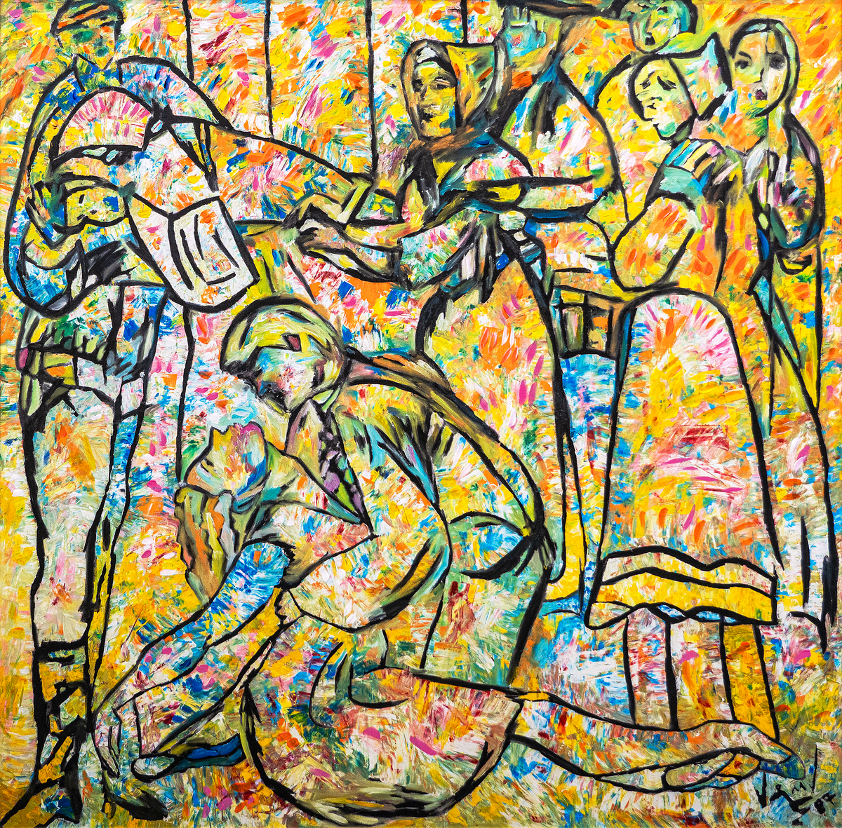 Romeo and Juliet — by Veronica Ruiz de Velasco: a crowd of angular figures in black contour lines over confetti-like dabs of yellow, orange and pink