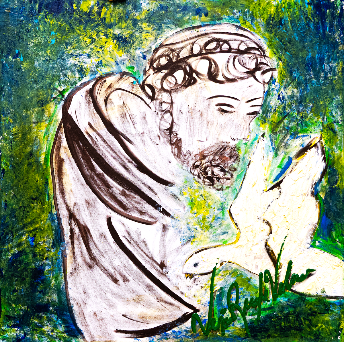 San Carlos — by Veronica Ruiz de Velasco: a robed bearded saint in sepia line with a white dove against deep green and blue