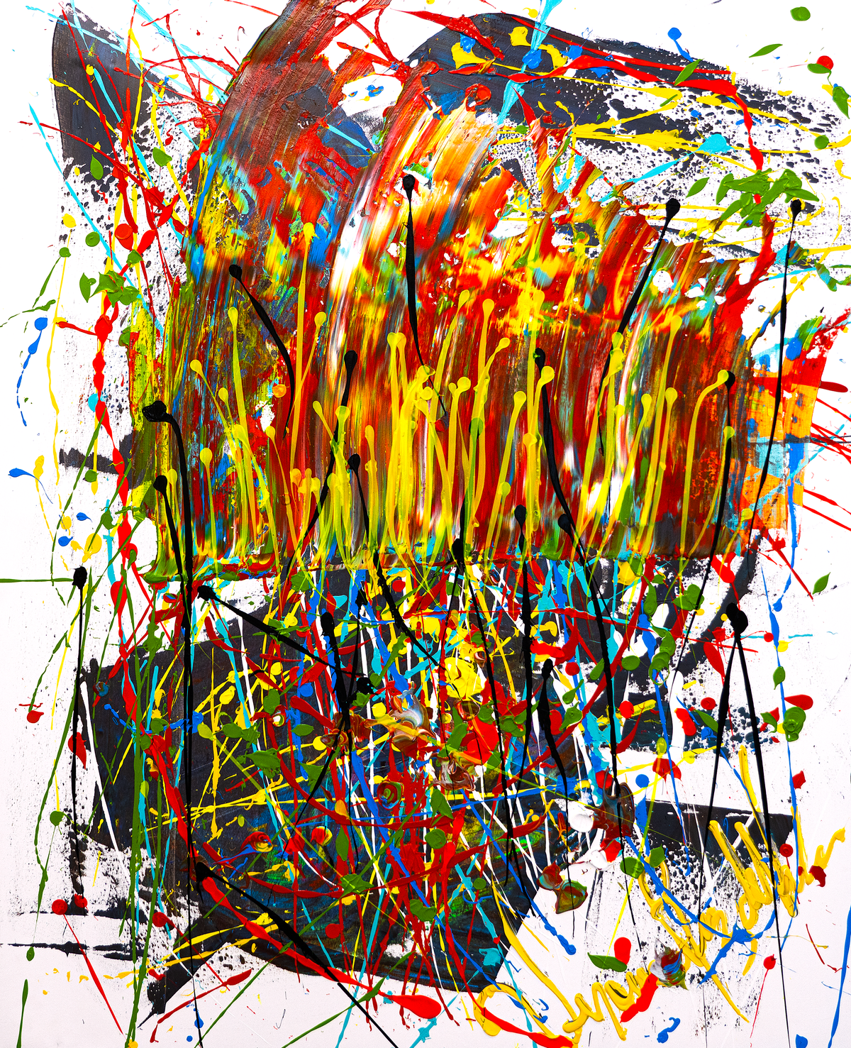 Sentimientos — by Veronica Ruiz de Velasco: a mass of red and orange over long black drip lines with colorful spatter