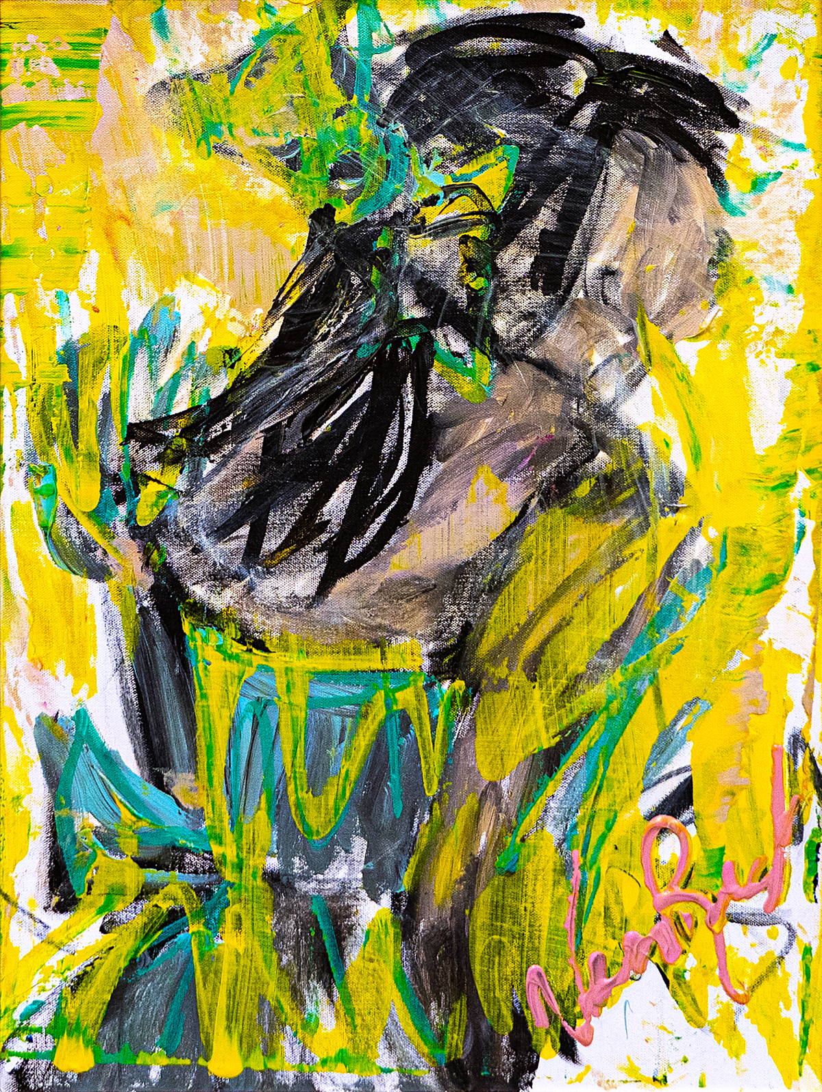 Shele in dove — by Veronica Ruiz de Velasco: a figure in profile with dark swept hair against raw yellow with teal drips