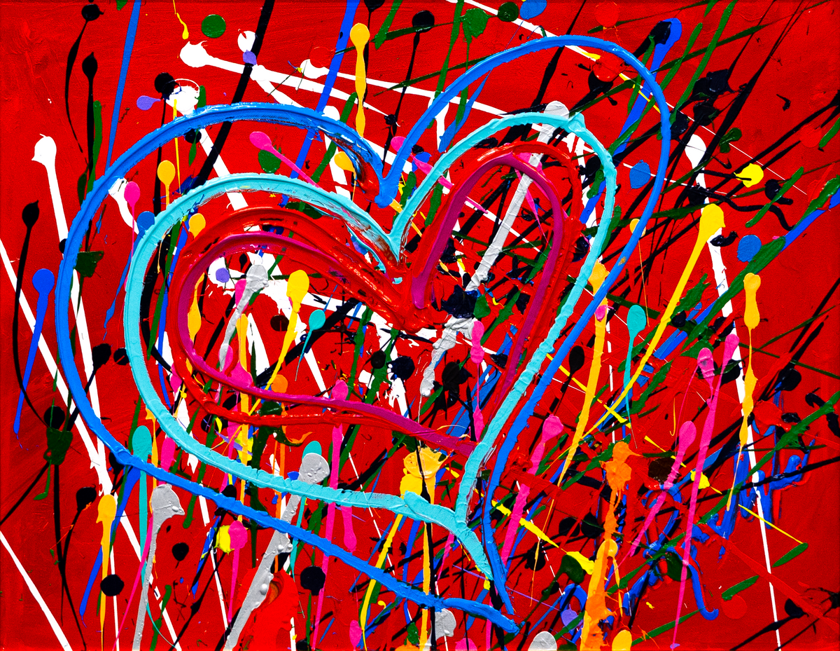 Singns — by Veronica Ruiz de Velasco: nested rope-like hearts in turquoise, cobalt and magenta on a red ground with colorful spatter