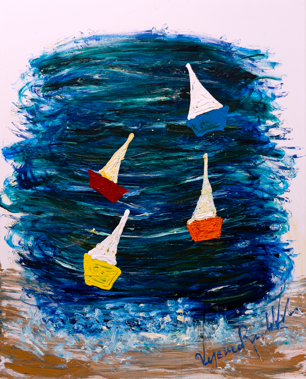 Success Boats — by Veronica Ruiz de Velasco: four small sailboats on a swirling teal and navy sea