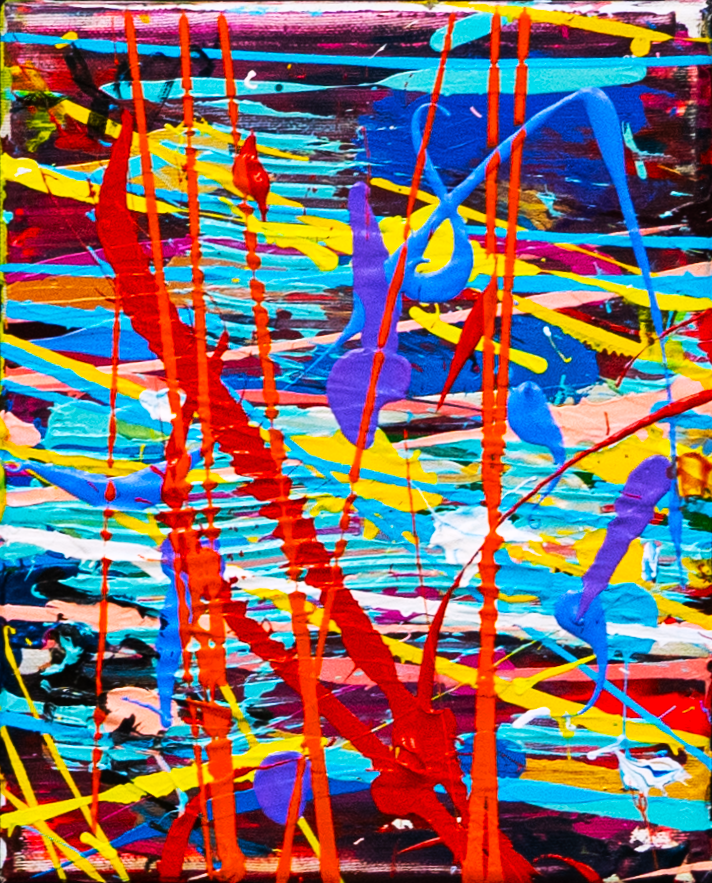 Summer Time 4 — by Veronica Ruiz de Velasco: horizontal magenta, teal and turquoise bands crosshatched with yellow and hung with red and orange drips