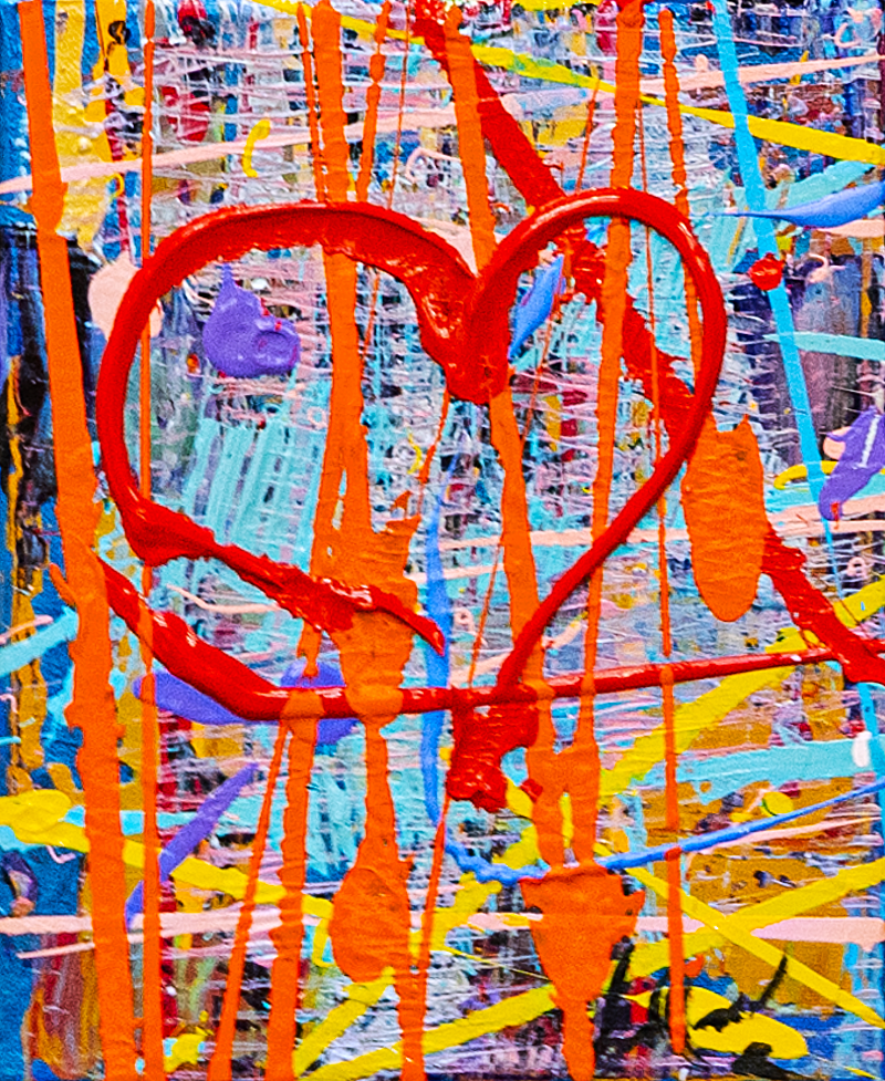 Summer Time 6 — by Veronica Ruiz de Velasco: a thick red heart over vertical orange drips on a turquoise and cream ground