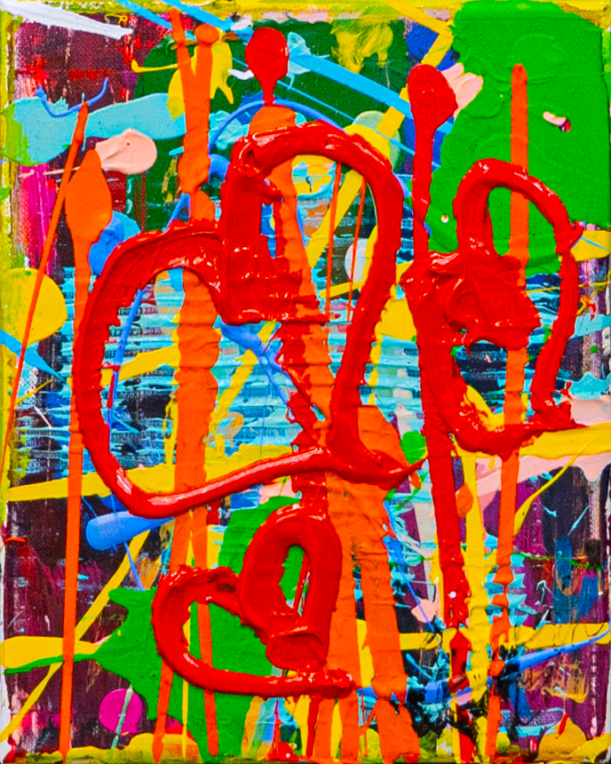 Summer Time 7 — by Veronica Ruiz de Velasco: thick red ropes of paint looping over vertical orange drips on a colorful ground