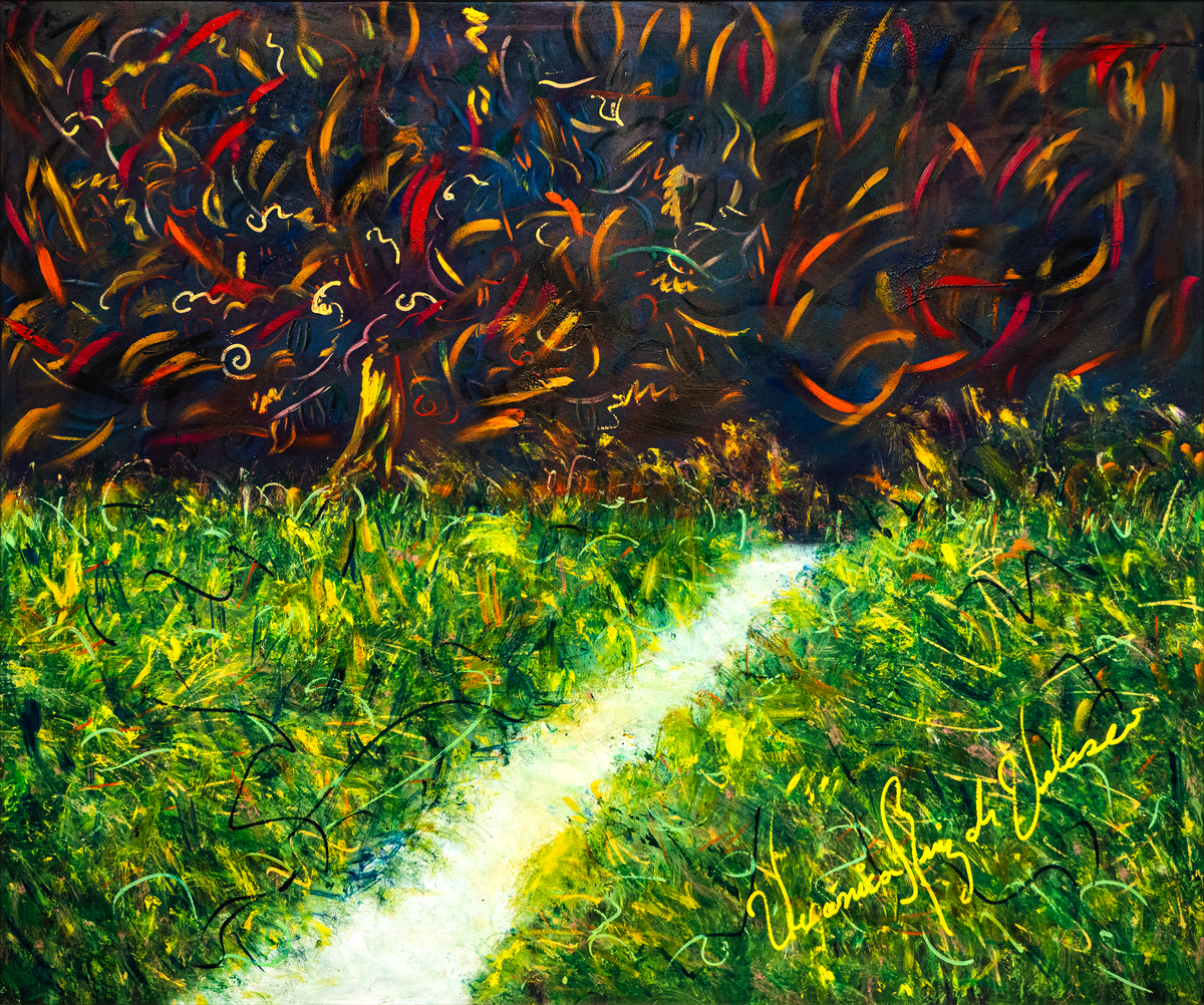 There is Only One Way to Go — by Veronica Ruiz de Velasco: red and orange ribbons twisting across a near-black sky above a yellow-green field with a pale path