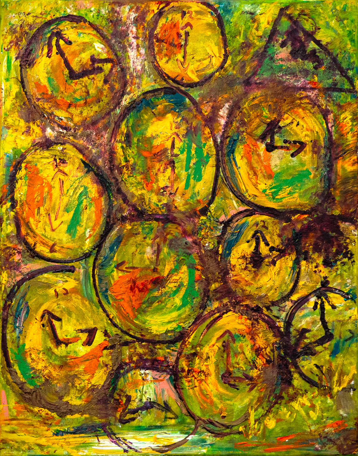 Time — by Veronica Ruiz de Velasco: ten overlapping clock-face circles with dark hands over acid yellow-green and ochre