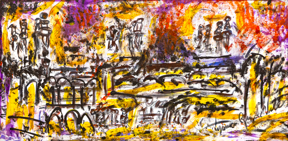 Wonderful Music and dancers — by Veronica Ruiz de Velasco: loop-headed figures gathered beneath a gold, violet and orange sky in calligraphic gesture