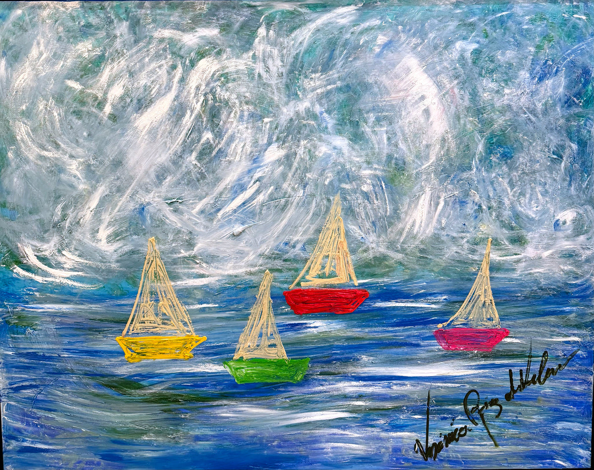 Holly Ocean — by Veronica Ruiz de Velasco: four small sailboats on cobalt water beneath a churning silvery-white sky