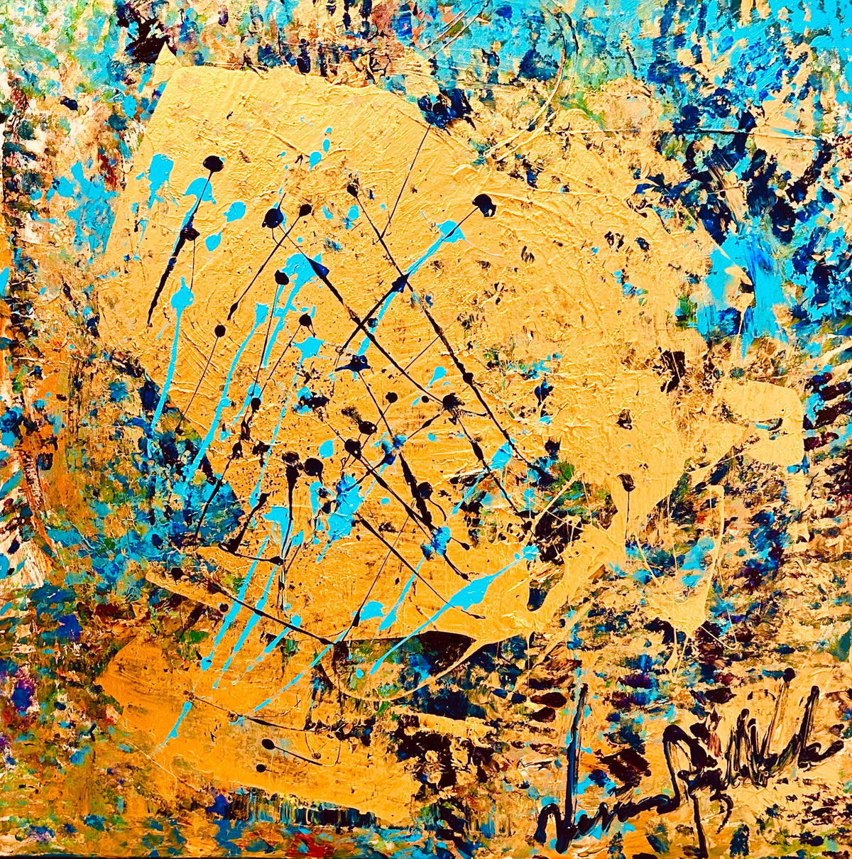 Enjoying Life — original mixed technique by Veronica Ruiz de Velasco. A block of gold scored by crossing black lines and turquoise drips over teal, green and rust.