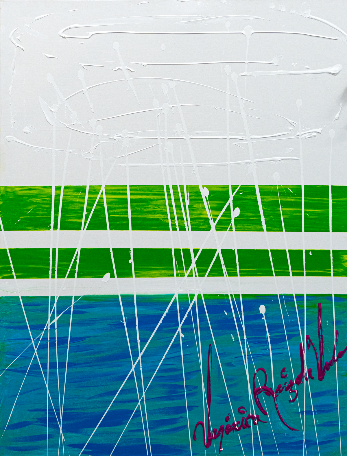 2024 — original mixed technique by Veronica Ruiz de Velasco, 48 x 36 inches, depicting white above two green bands over rippled blue, crossed by thin white drip lines