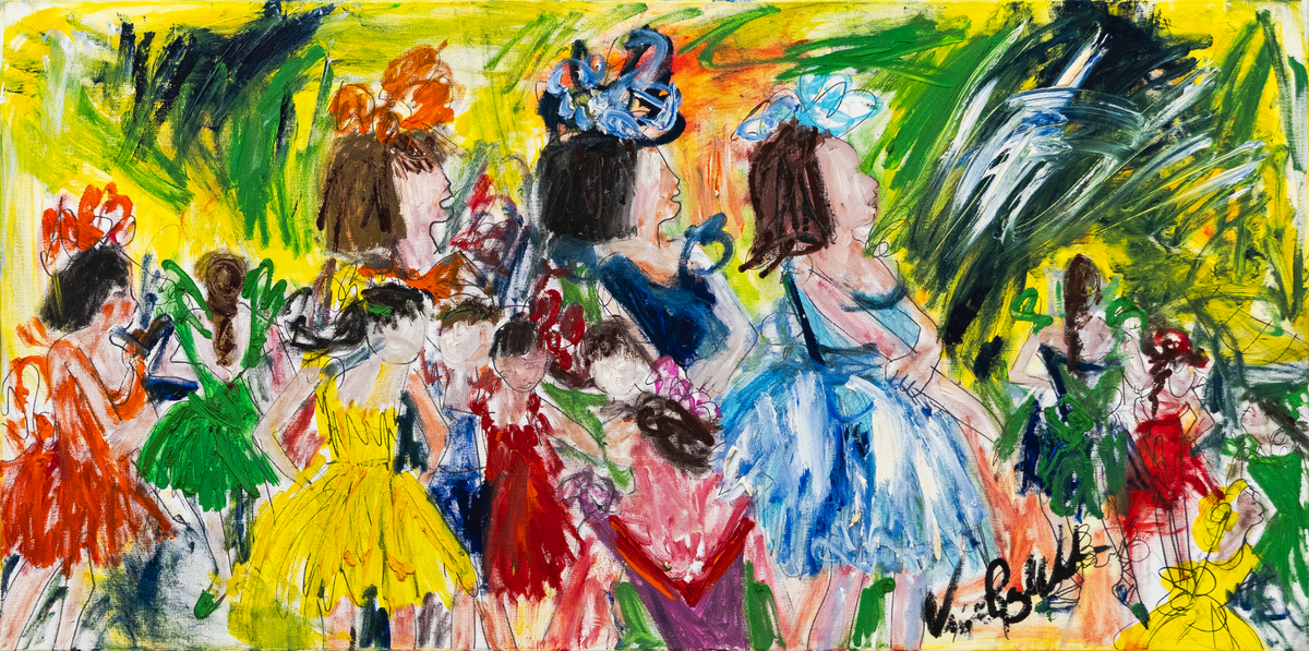Pequeñas Bailarinas — original oil on canvas by Veronica Ruiz de Velasco, 24 x 47 inches, depicting a crowd of girls in orange, green, yellow, red and blue tutus against yellow