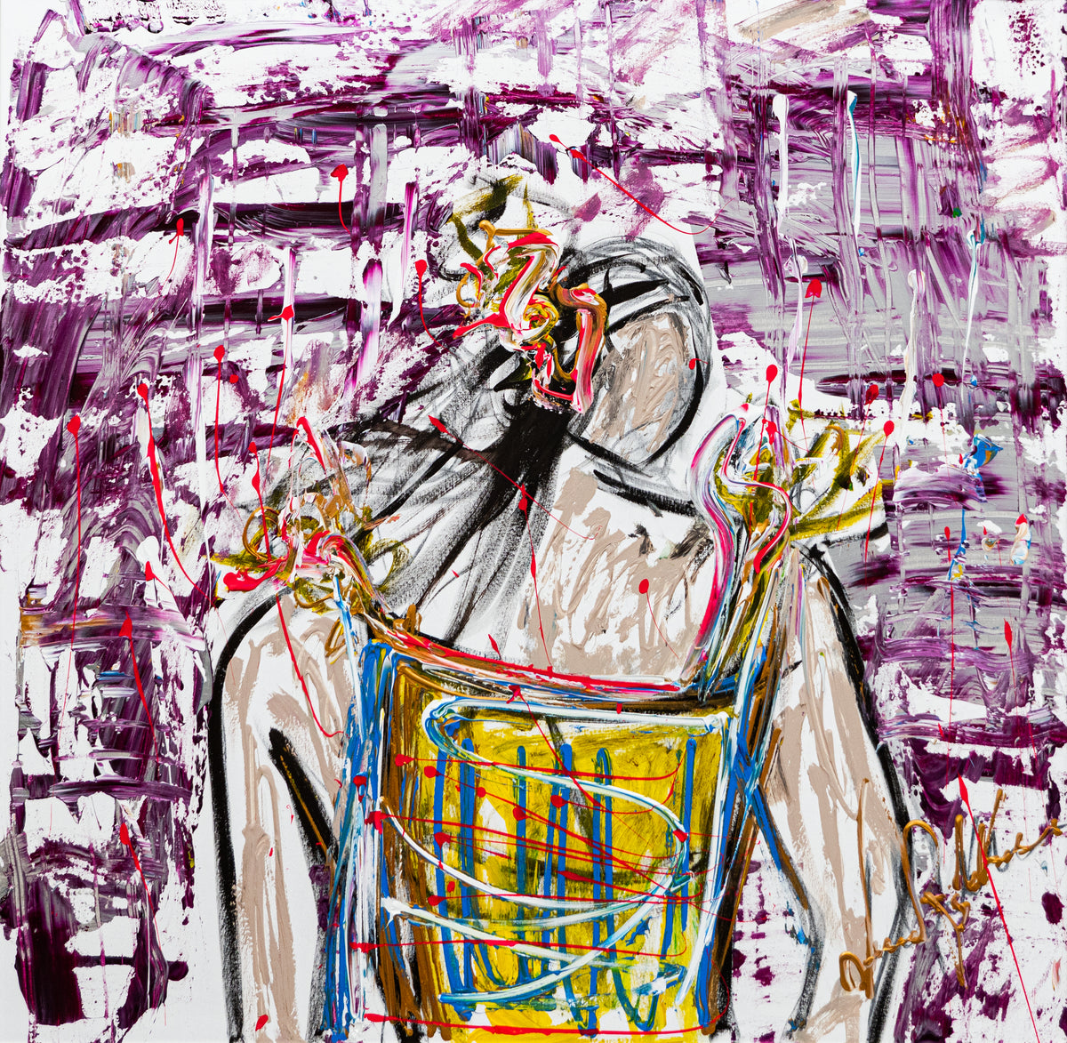 Veronica Thinking — original oil on canvas by Veronica Ruiz de Velasco, 18 x 12 inches, depicting a woman seen from behind holding a yellow basket against purple and white strokes
