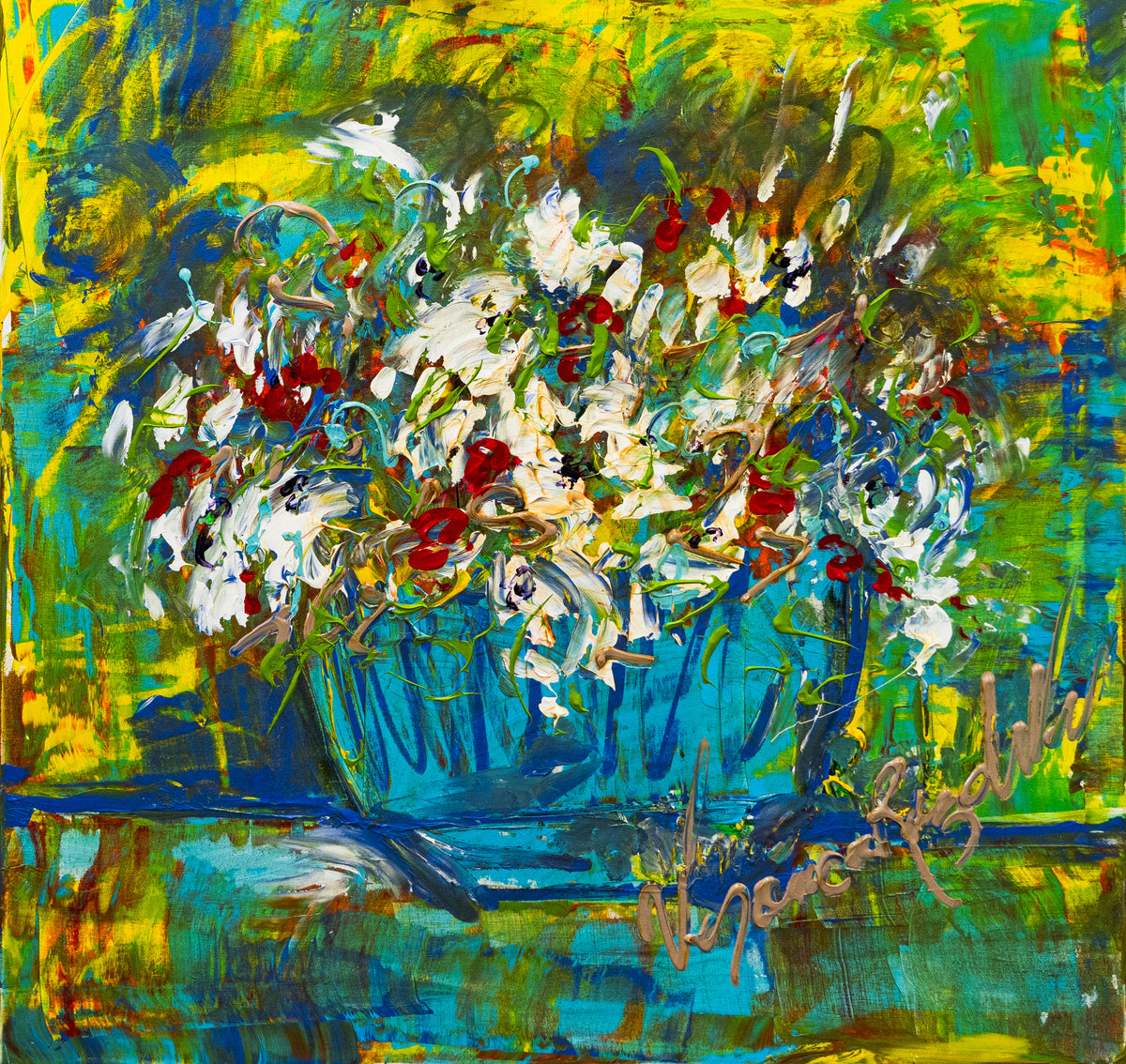 Boquet of Flowers! — original acrylic on canvas by Veronica Ruiz de Velasco, 36 x 36 inches, depicting white blossoms with red centres in a turquoise bowl against yellow, green and teal streaks