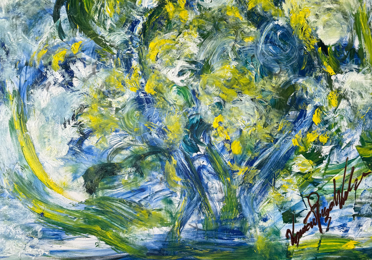 I really ike it — original oil on canvas by Veronica Ruiz de Velasco, 60 x 48 inches, depicting Abstract swirling forms in blue, green, and yellow hues