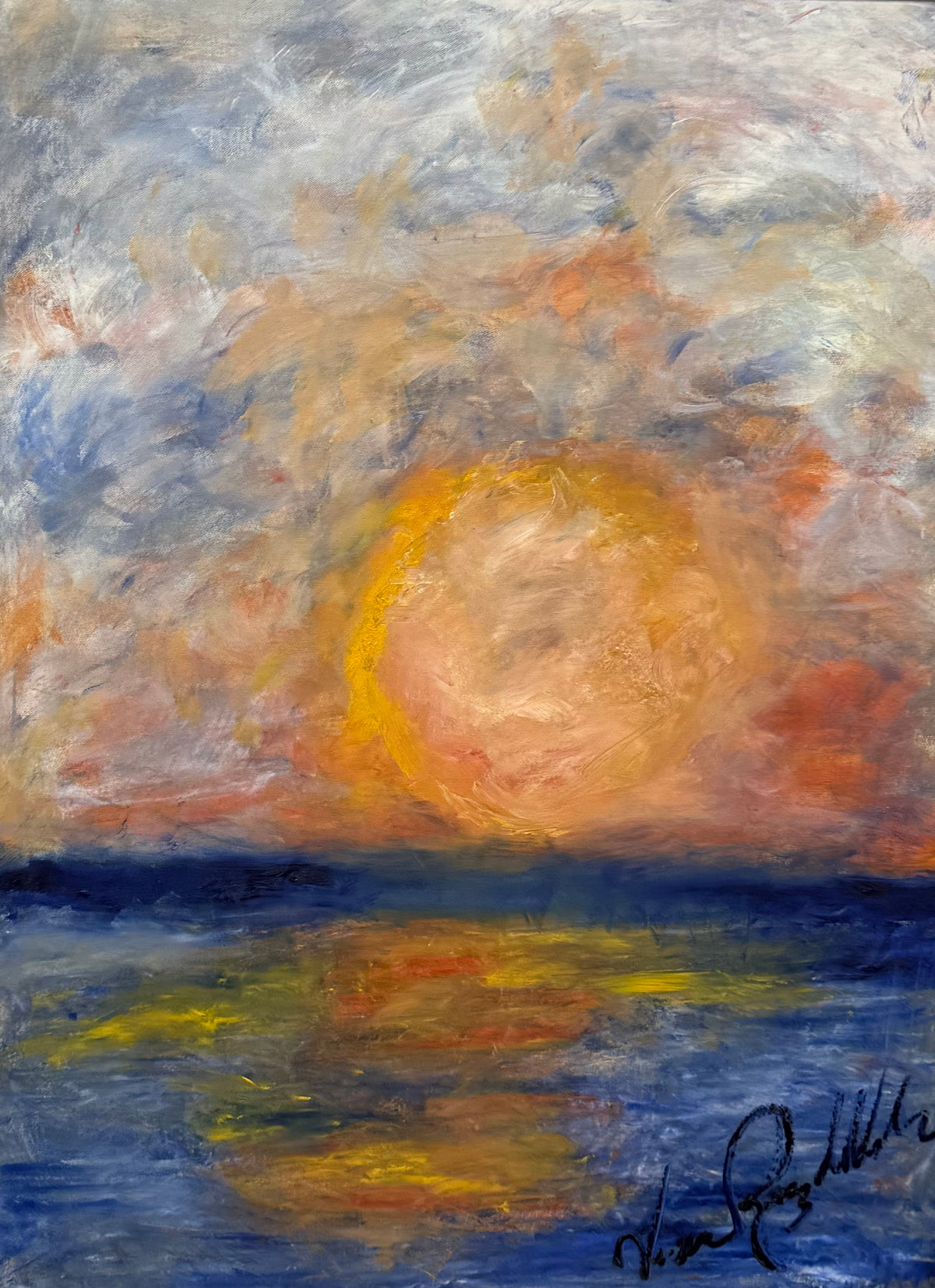 Moon — original acrylic on canvas by Veronica Ruiz de Velasco, 36 x 24 inches, depicting Sunset over water with vibrant, swirling colors and reflections