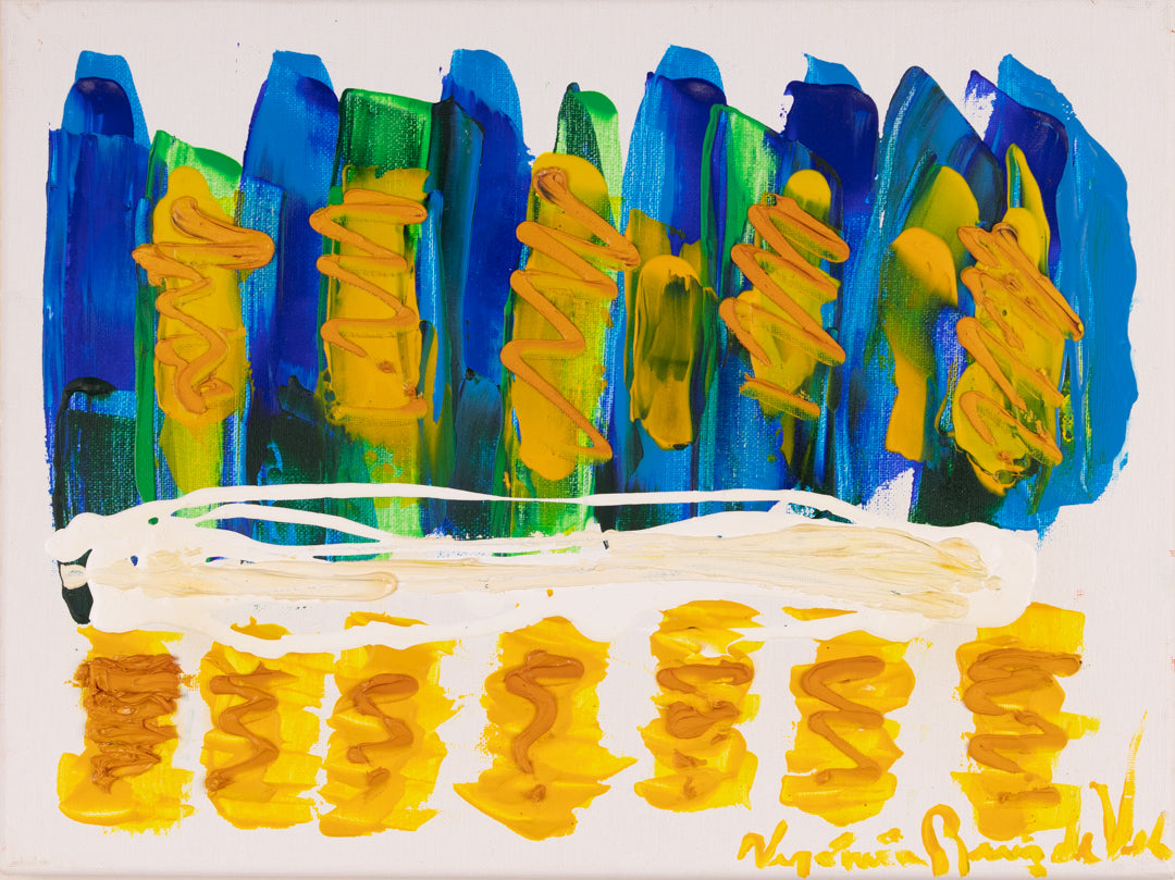 Little Sunshines — original acrylic on canvas by Veronica Ruiz de Velasco, two bands of blue and green brushwork topped with yellow and gold zigzags