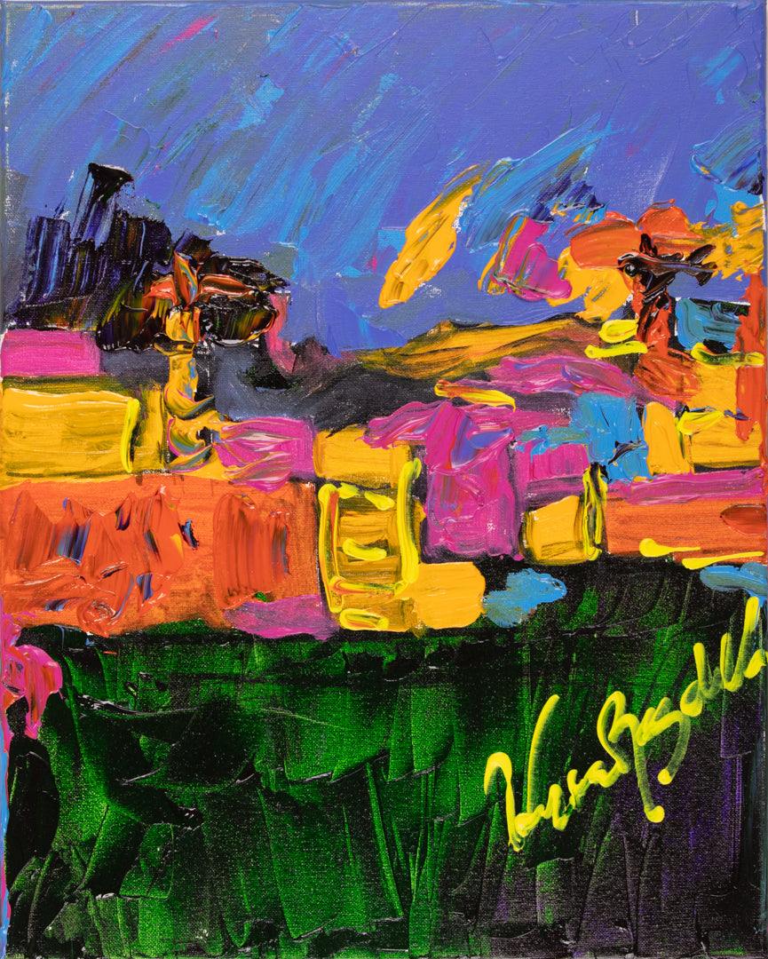 The Village — original acrylic on canvas by Veronica Ruiz de Velasco, blocky pink, orange and gold forms forming a skyline against a violet-blue dusk sky over dark green