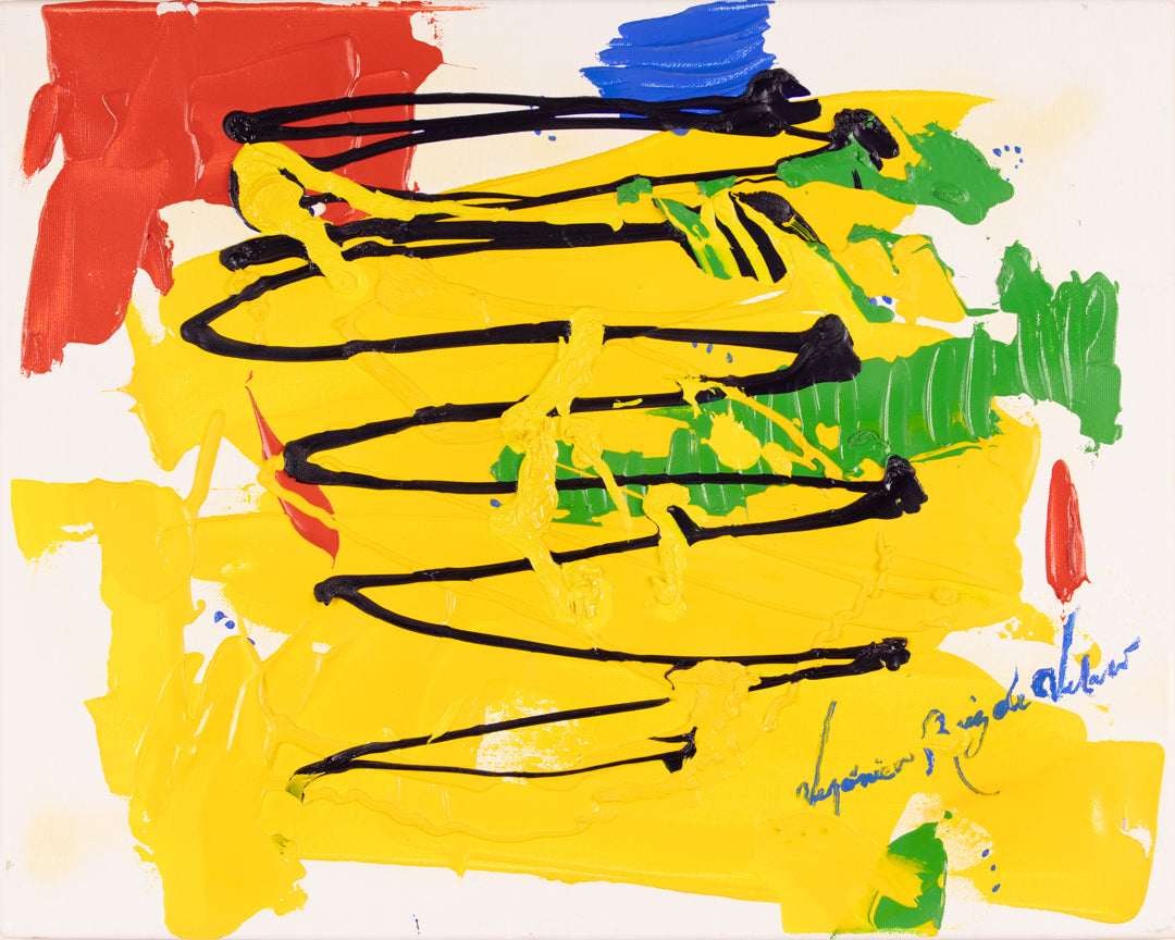Sol — original acrylic on canvas by Veronica Ruiz de Velasco, a saturated yellow field crossed by a black zigzag line with red and blue blocks along the top