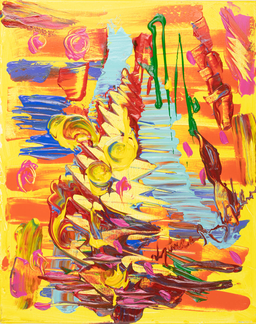 Amarillo — original acrylic on canvas by Veronica Ruiz de Velasco, a yellow field with orange and red bands, pale blue and cream ribbon shapes and a dark maroon base