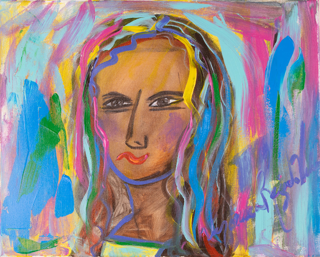 Nena Lisa — original acrylic on canvas by Veronica Ruiz de Velasco, a face in loose black outline against ribbons of turquoise, magenta and gold