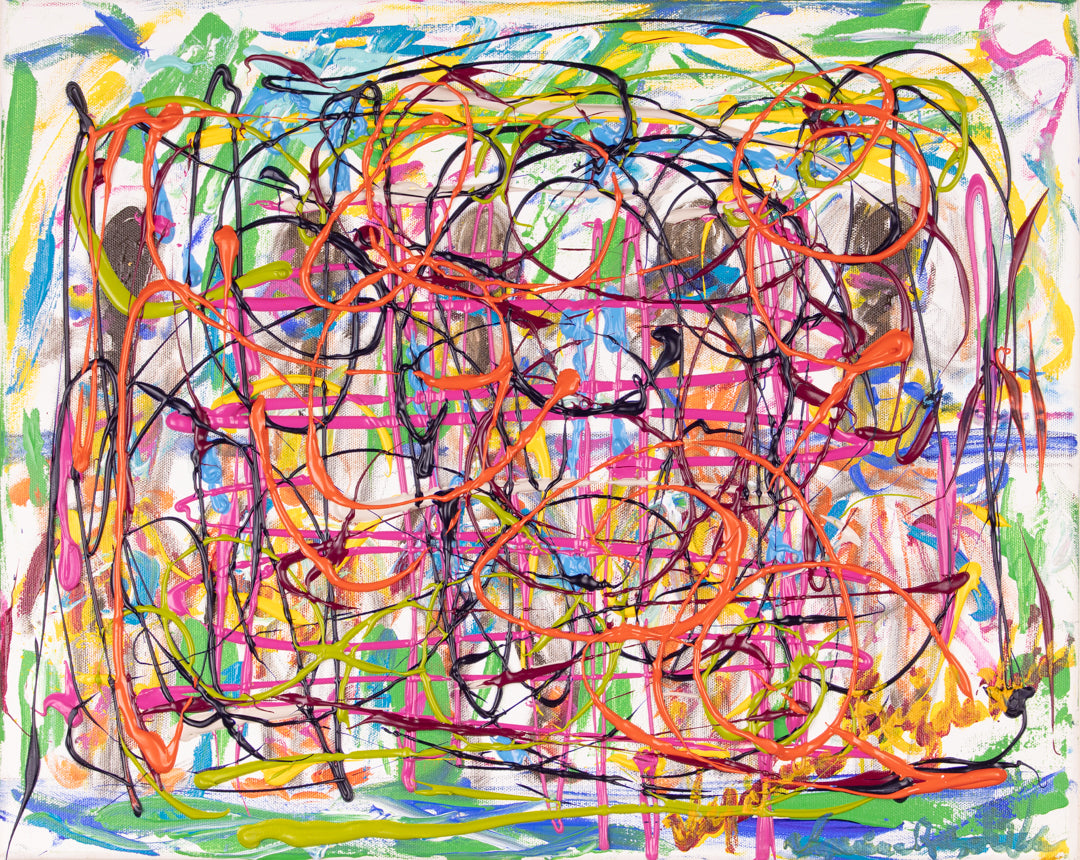 Enjoying the Day — original acrylic on canvas by Veronica Ruiz de Velasco, overlapping orange, black and magenta loops with hot pink bands on a white ground