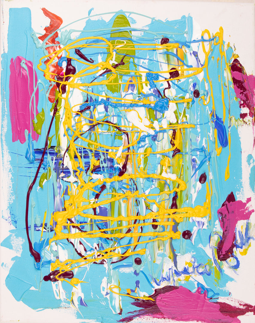 Playa Del Carmen — original acrylic on canvas by Veronica Ruiz de Velasco, tangled yellow zigzag drip-lines on a turquoise and light-blue ground with magenta and pink blocks