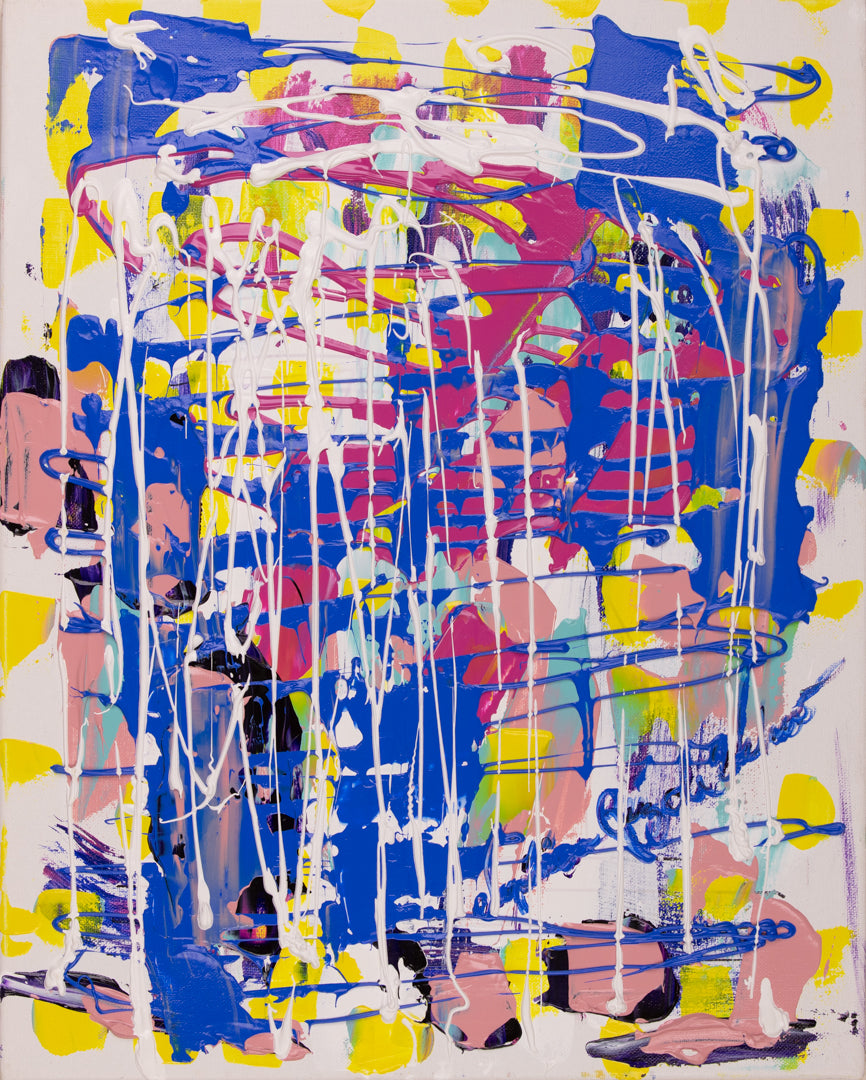 Dibujando — original acrylic on canvas by Veronica Ruiz de Velasco, royal-blue, magenta and salmon color blocks on a cream ground with yellow stripes and white drip lines