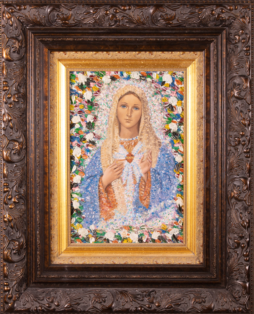 Sagrado de Corazon — original oil on canvas by Veronica Ruiz de Velasco, the Virgin Mary in a pale blue veil and robe with her sacred heart, surrounded by thick white, pink, red and green flowers