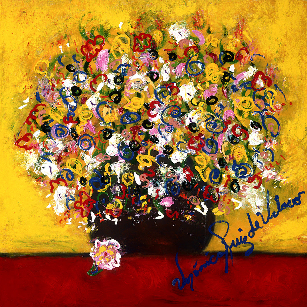Bouquet of Flowers — limited-edition masterprint by Veronica Ruiz de Velasco. A dark, rounded vase anchors an overflowing arrangement built from thick loops and coils of red, blue, black, pink, and white paint, set against a wall of saturated yellow and a band of deep red below.