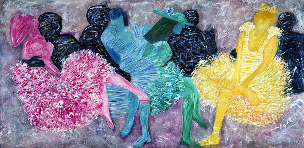 Discotech — limited-edition masterprint by Veronica Ruiz de Velasco. A row of seated figures in fringed, feathery skirts — magenta, sky blue, mint, and gold — fills the canvas in thick, textured strokes.