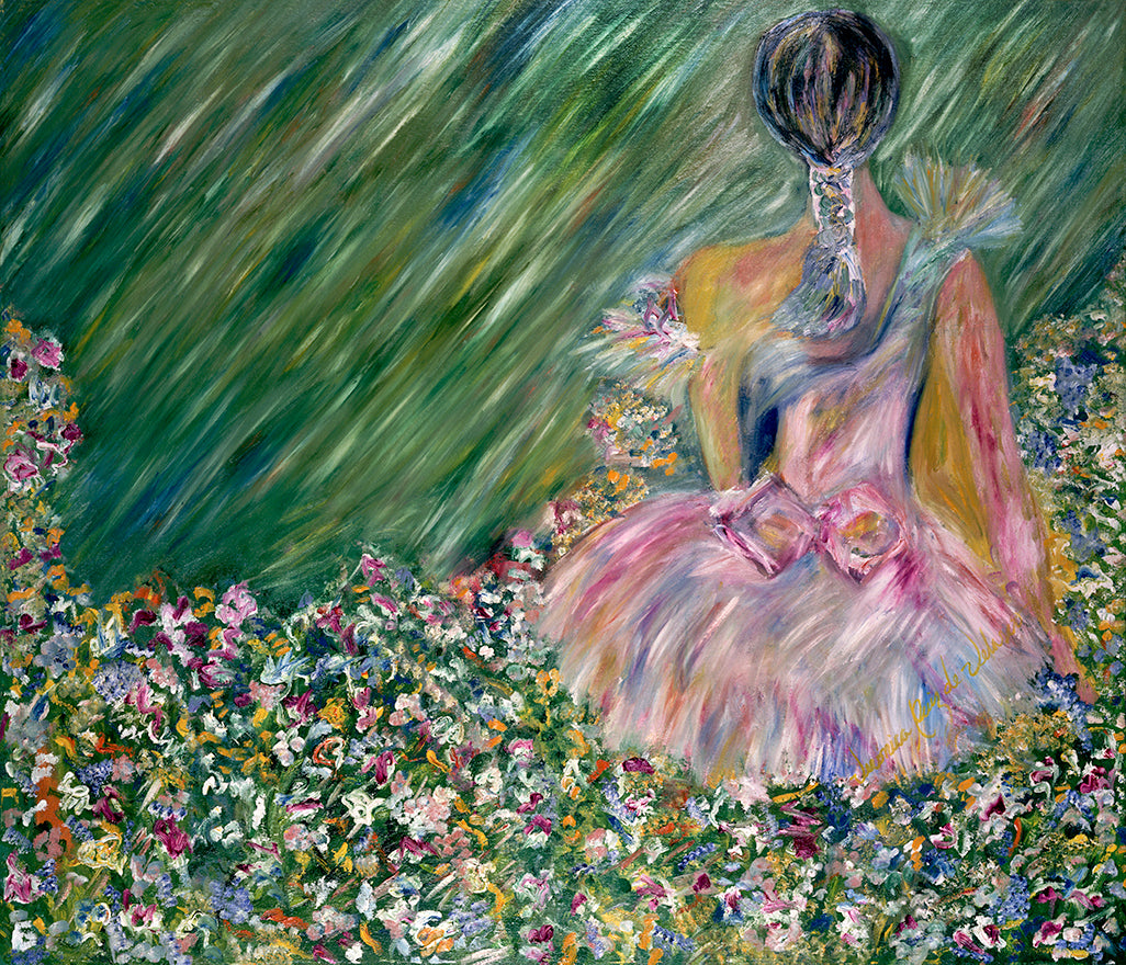 Watching the View — limited-edition masterprint by Veronica Ruiz de Velasco. A woman in a pink tulle dress sits with her back to us, hair pinned up, before a bank of tiny blossoms as loose green strokes sweep diagonally across the background.