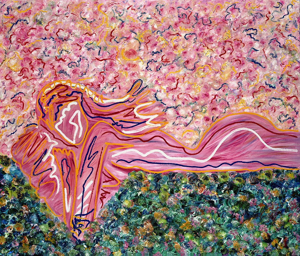 Yo Soy — limited-edition masterprint by Veronica Ruiz de Velasco. A reclining figure, outlined in white, navy, and orange against solid pink, stretches horizontally across the canvas with one arm lifted overhead.
