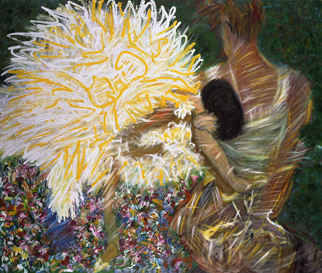 Homage to Degas — limited-edition masterprint by Veronica Ruiz de Velasco. A radiant burst of white and gold linear strokes fills the left half of the canvas, flaring outward like fireworks caught mid-explosion.