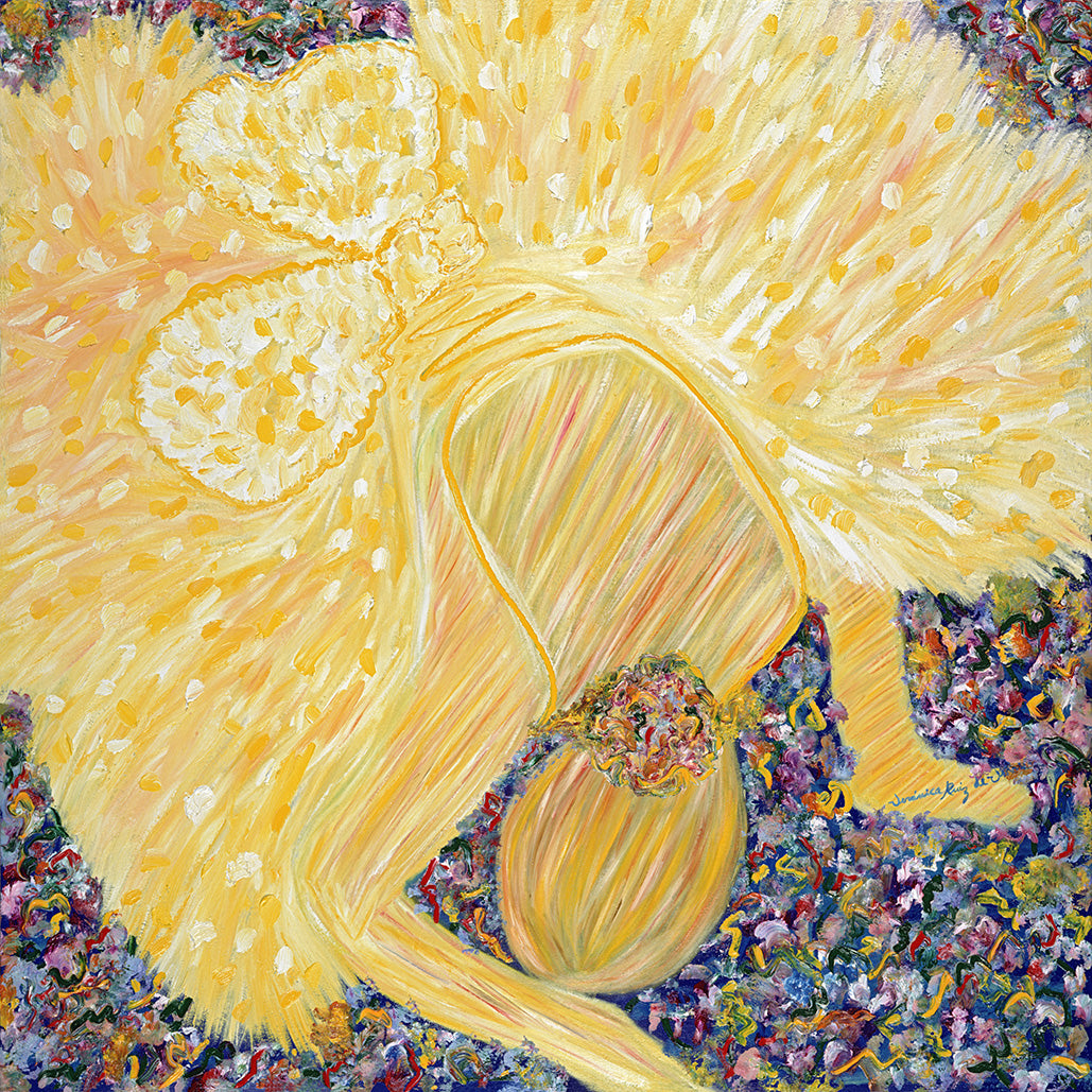 Candy Dancer — limited-edition masterprint by Veronica Ruiz de Velasco. A golden figure bends forward at the waist, ringed by dotted strokes of light that radiate outward like a sunburst across the upper canvas.