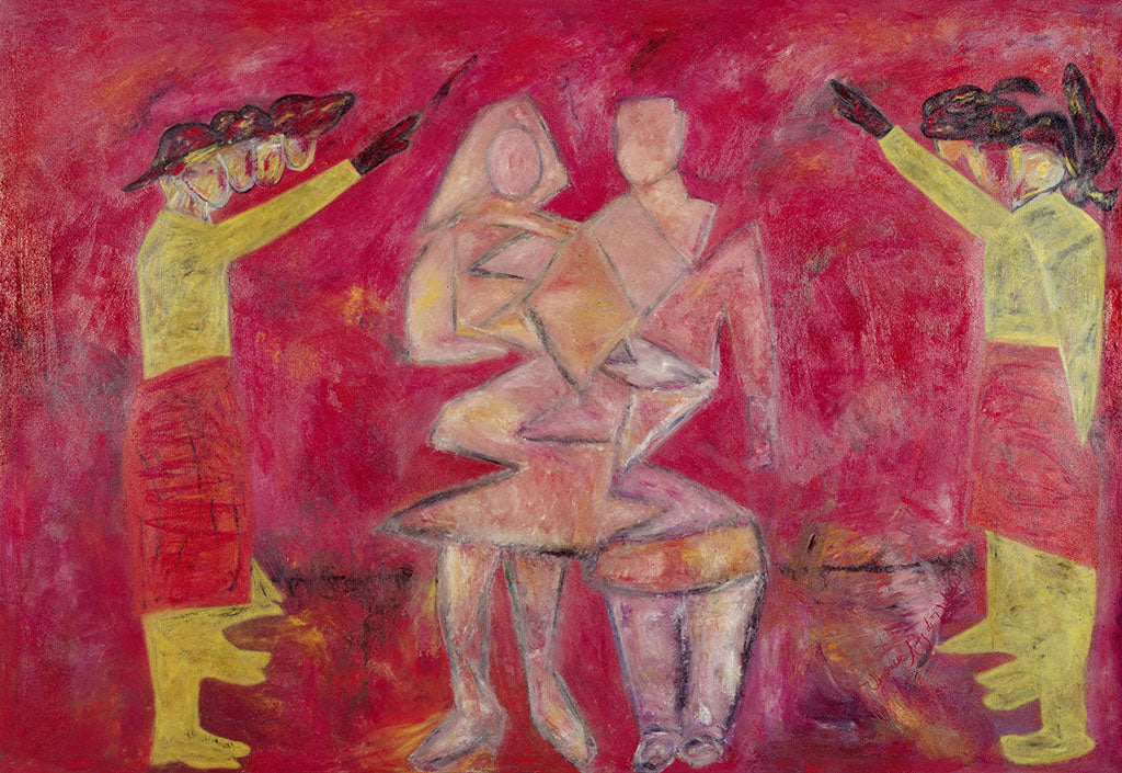 Wedding of Prince Charles — limited-edition masterprint by Veronica Ruiz de Velasco. Two flanking figures in yellow sleeves and red skirts raise dark-gloved arms on either side of a saturated crimson field.