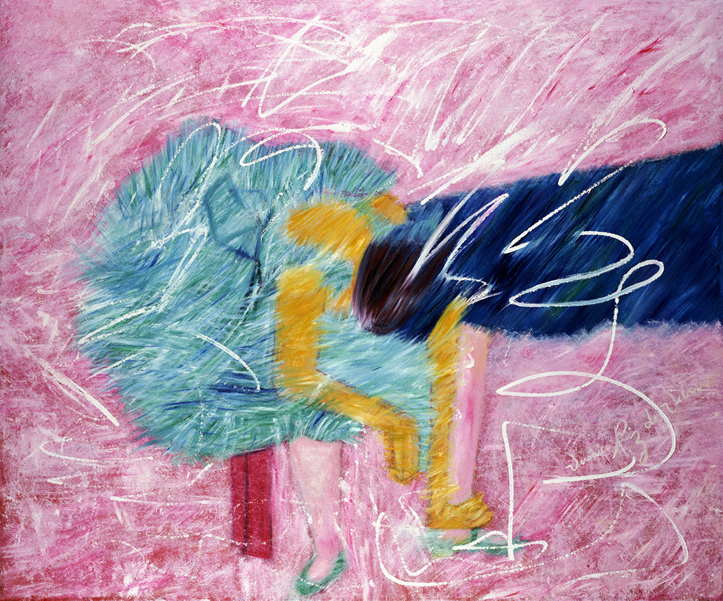 Ballerina Velocidad — limited-edition masterprint by Veronica Ruiz de Velasco. A figure folds forward in motion, a fringed turquoise skirt and mustard-yellow limbs cutting across a hot pink ground.