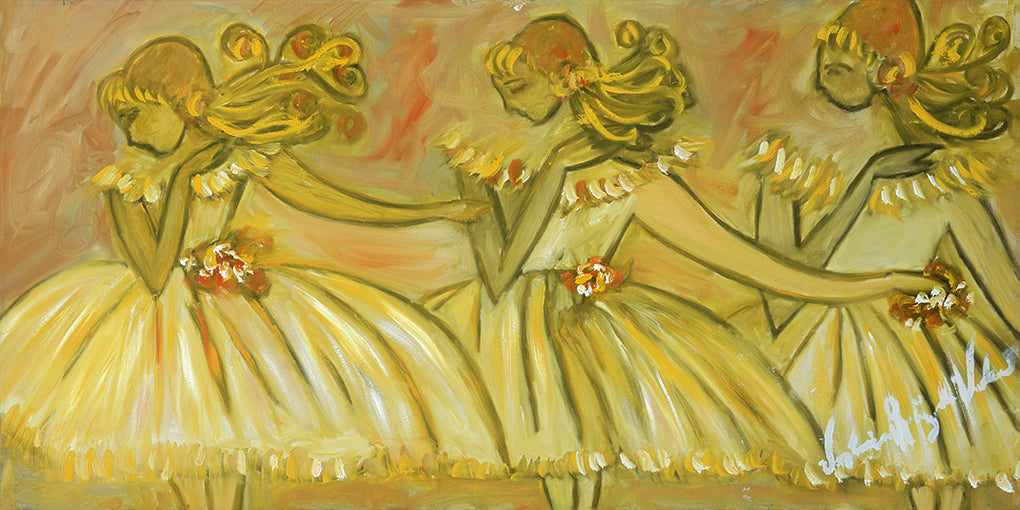 Three Dancers — limited-edition masterprint by Veronica Ruiz de Velasco. Three figures in golden tutus stand in profile against a warm, brushy ground of ochre and coral, their curled hair and raised arms echoing one another in a loose rhythm across the canvas.